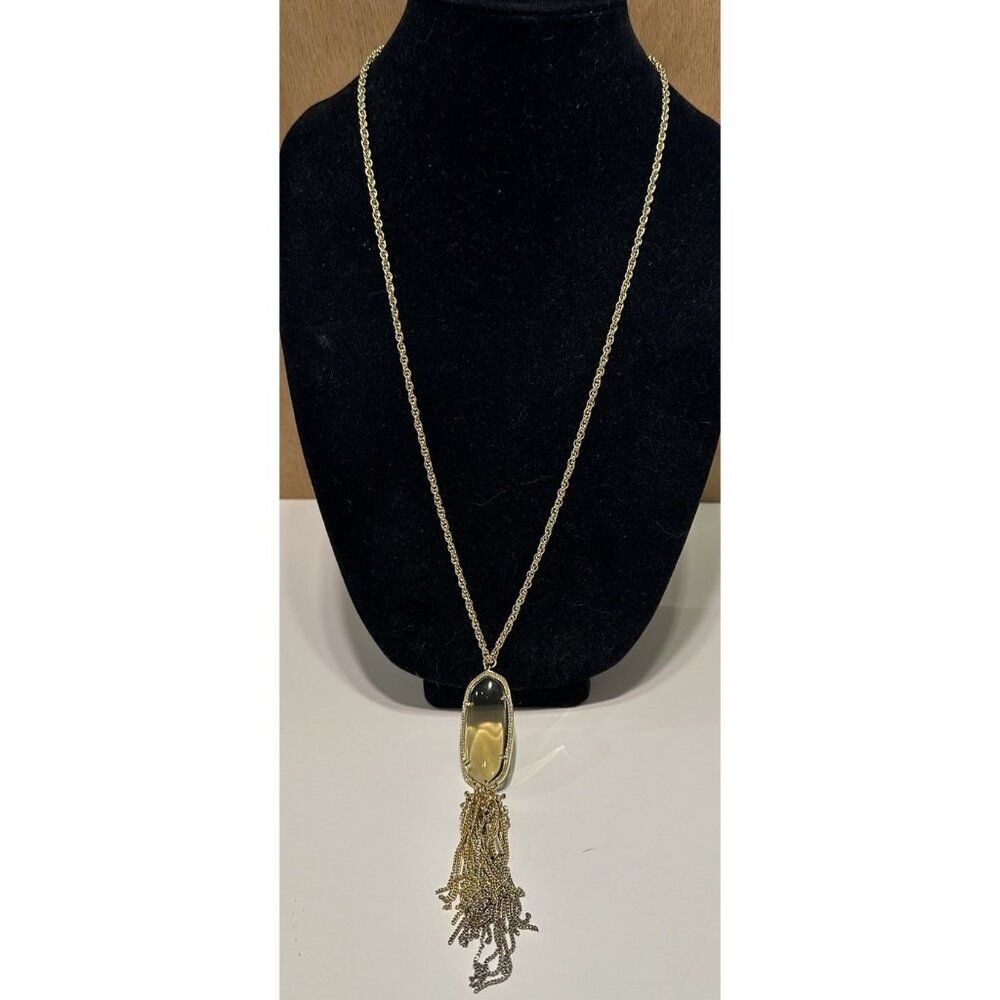 Kendra Scott Rayne Necklace Clear Stone Pendant Chain Tassel Long Gold Chain 32"